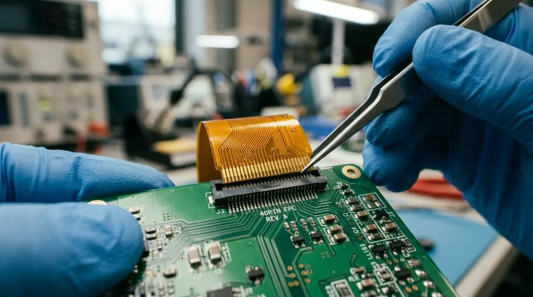 A step-by-step technical illustration showing an engineer connecting the 40-pin FPC to a PCB connector using a precision tool.